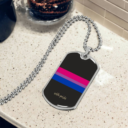 Bi pride stripe dog tag and ball chain on marble | Subtle Bi Pride Dog Tag