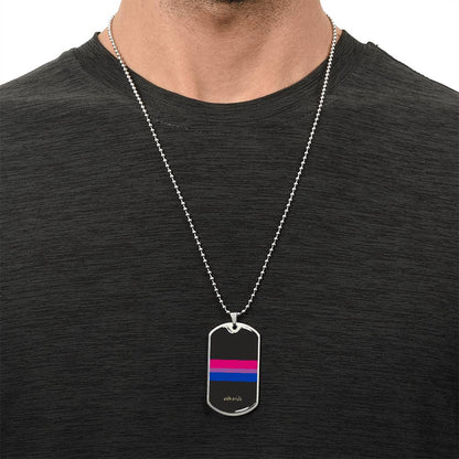 Bi pride stripe dog tag worn with a dark shirt | Subtle Bi Pride Dog Tag