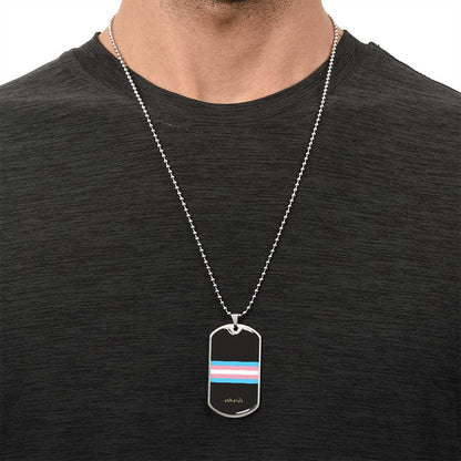 Trans pride stripe dog tag worn with a dark shirt | Subtle Trans Pride Dog Tag