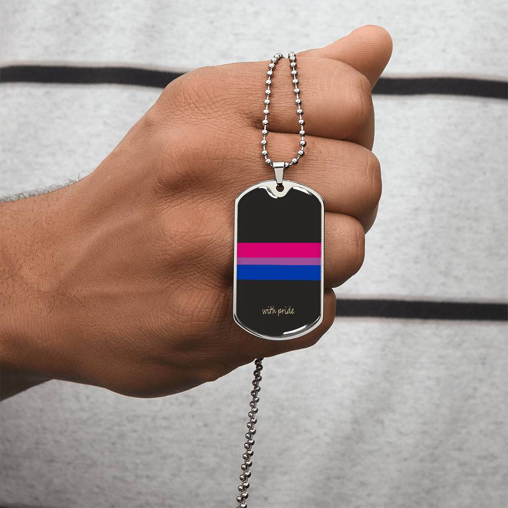 Bi pride stripe dog tag held by its chain | Subtle Bi Pride Dog Tag