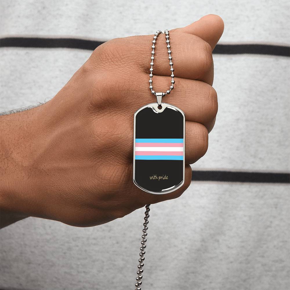 Trans pride stripe dog tag held by its chain | Subtle Trans Pride Dog Tag