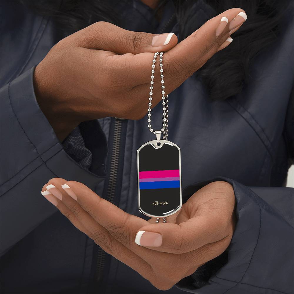 Bi pride stripe dog tag held in cupped hands | Subtle Bi Pride Dog Tag