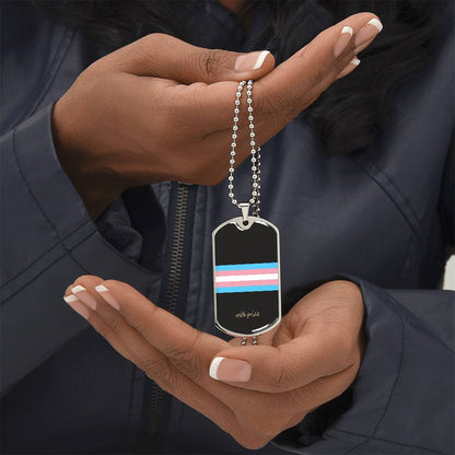 Trans pride stripe dog tag held in cupped hands | Subtle Trans Pride Dog Tag