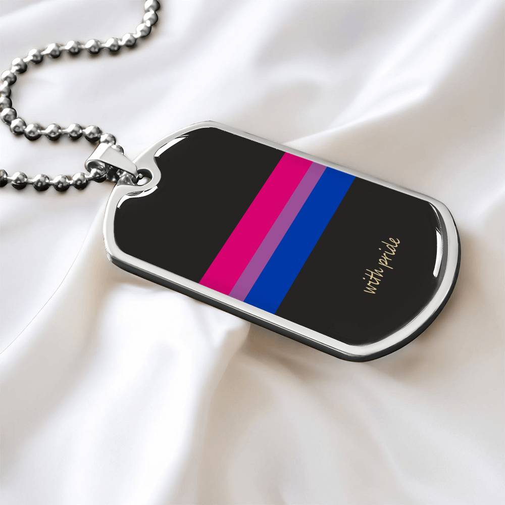 Bi pride stripe dog tag on white fabric | Subtle Bi Pride Dog Tag