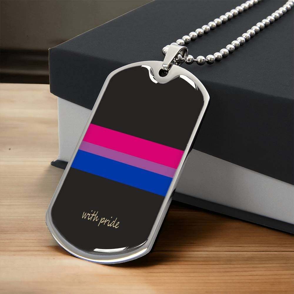 Bi pride stripe dog tag on a black gift box | Subtle Bi Pride Dog Tag