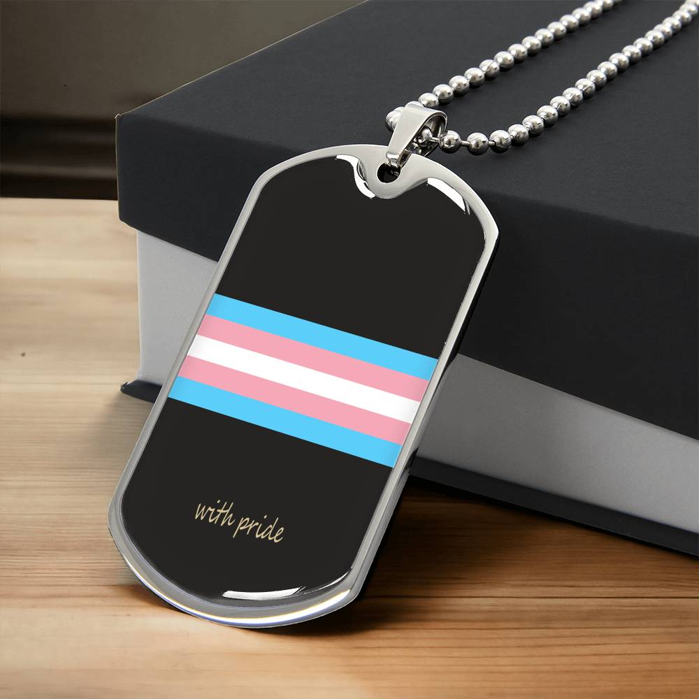 Trans pride stripe dog tag on a black gift box | Subtle Trans Pride Dog Tag
