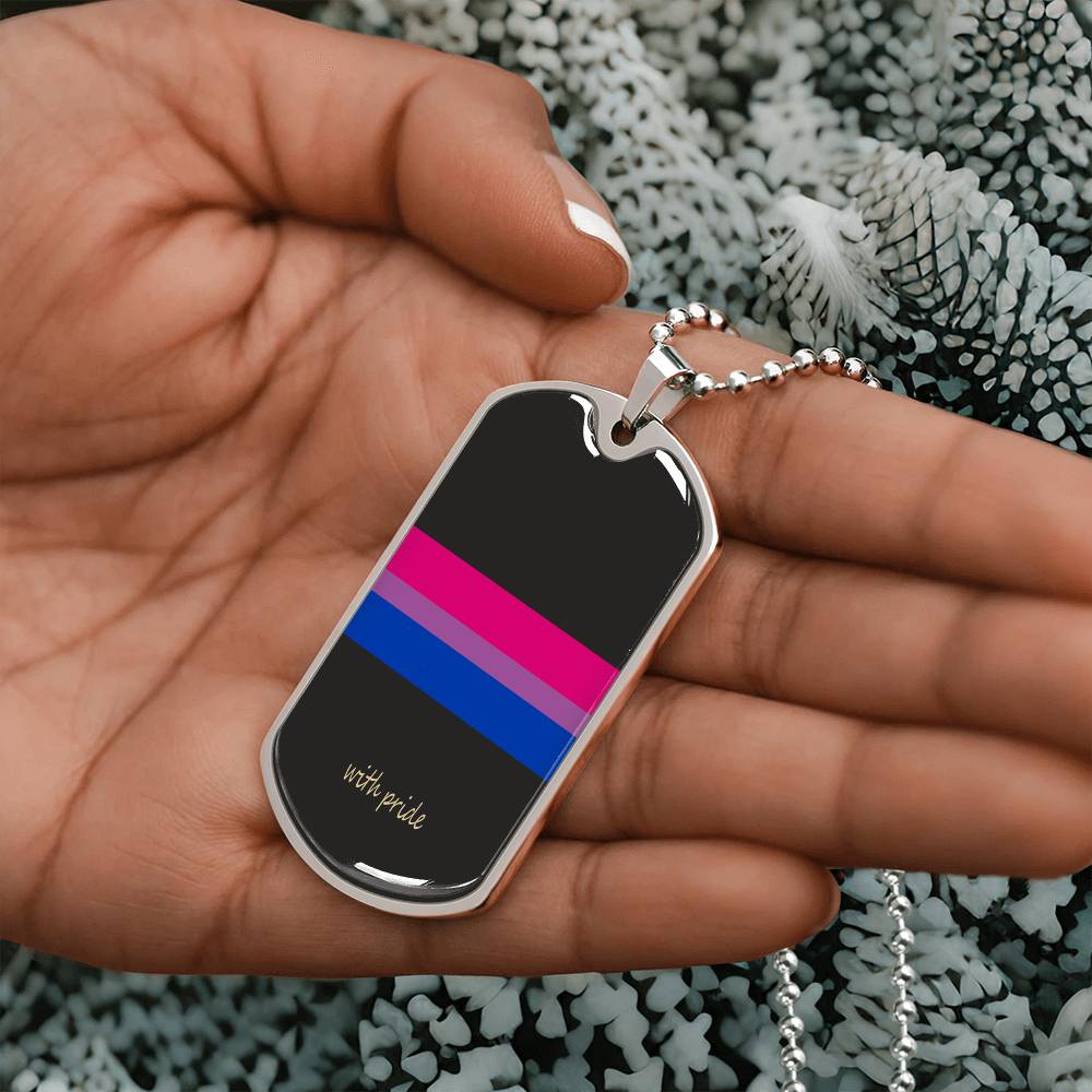 Bi pride stripe dog tag held in the palm | Subtle Bi Pride Dog Tag