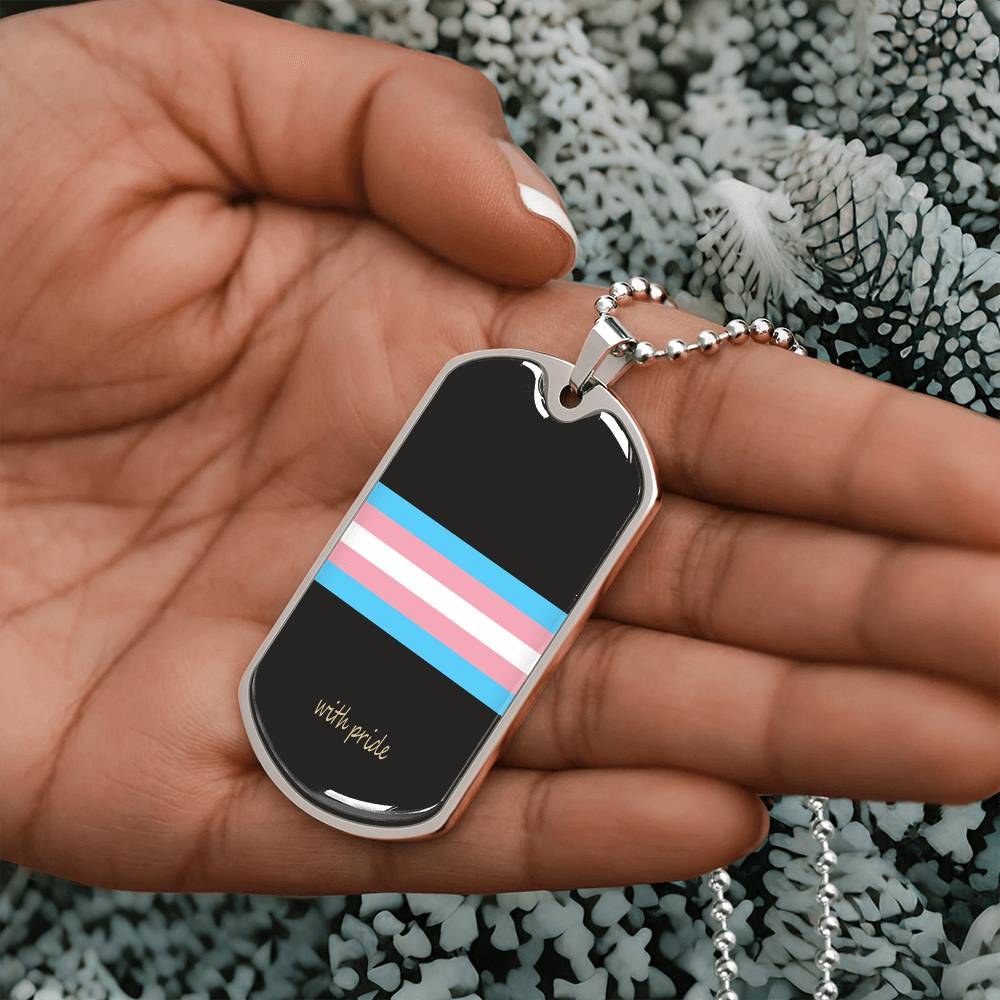 Trans pride stripe dog tag held in the palm | Subtle Trans Pride Dog Tag