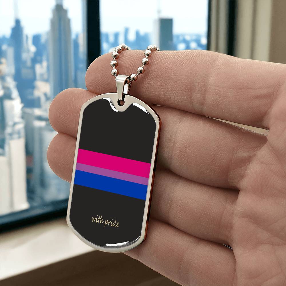 Bi pride stripe dog tag held up by a window | Subtle Bi Pride Dog Tag