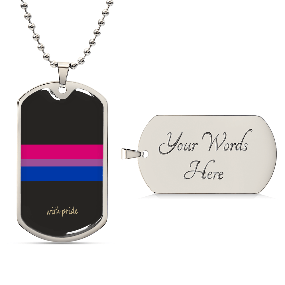 Front of the bi pride stripe tag beside an engraved back preview | Subtle Bi Pride Dog Tag