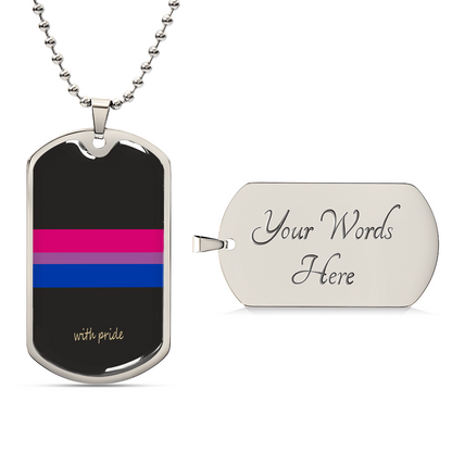 Front of the bi pride stripe tag beside an engraved back preview | Subtle Bi Pride Dog Tag
