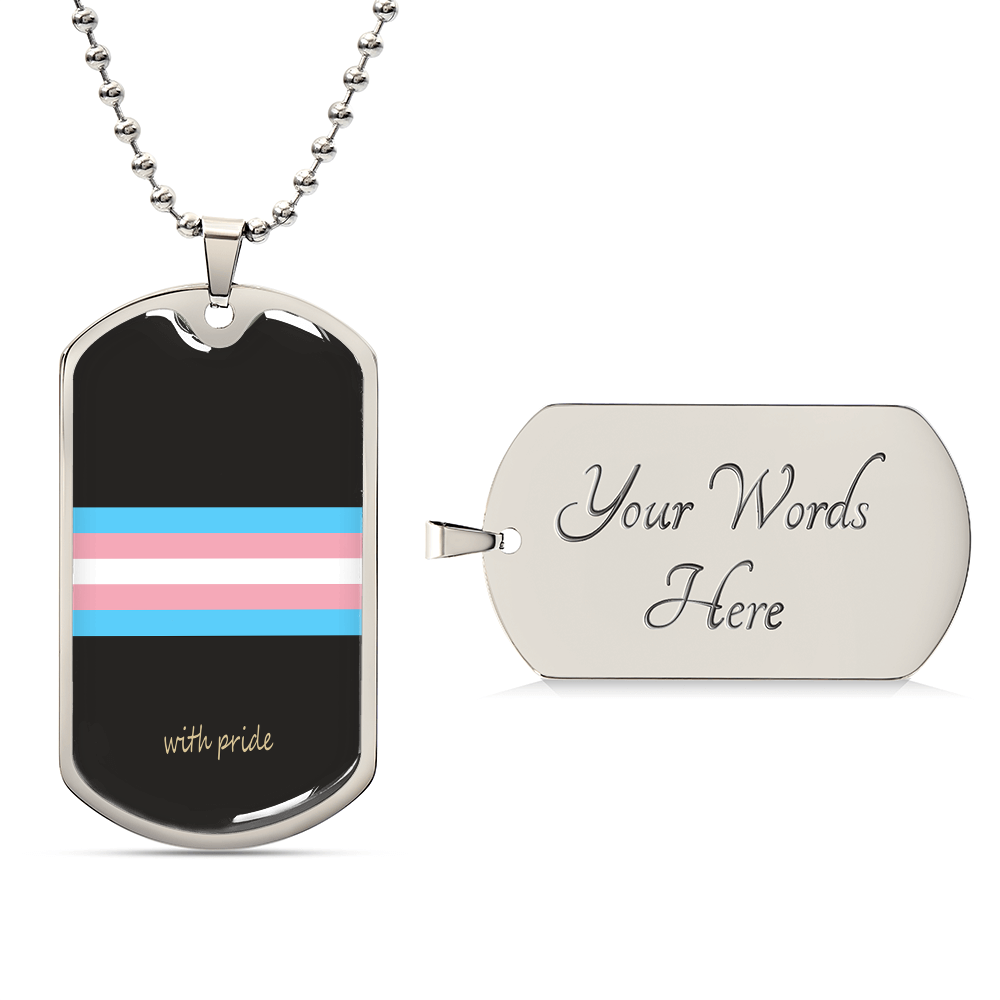 Front of the trans pride stripe tag beside an engraved back preview | Subtle Trans Pride Dog Tag