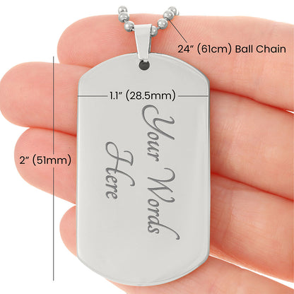 Size guide: tag 1.1 x 2 in., 24 in. ball chain, back engraving preview | Subtle Bi Pride Dog Tag