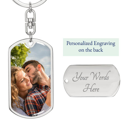 Silver photo keychain front with a sample photo and an engraved back preview | Custom Photo Keychain