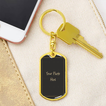 Gold finish photo keychain with keys, showing where your photo goes | Custom Photo Keychain
