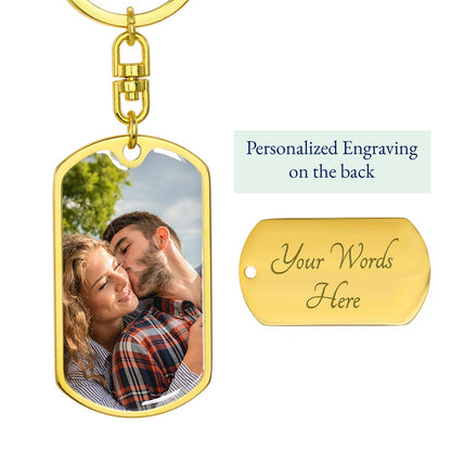 Gold finish photo keychain front with a sample photo and an engraved back preview | Custom Photo Keychain