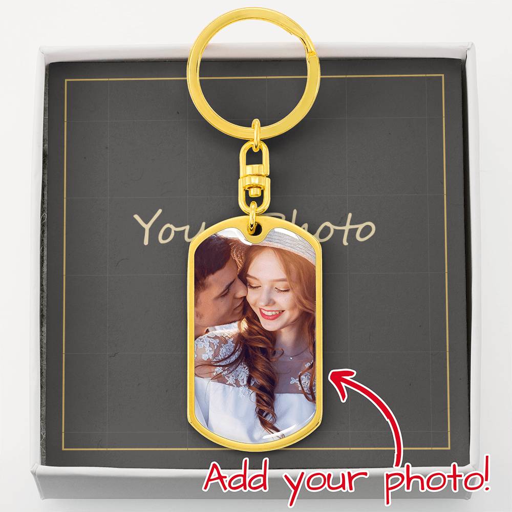 Gold finish photo keychain with a sample photo in a gift box | Custom Photo Keychain