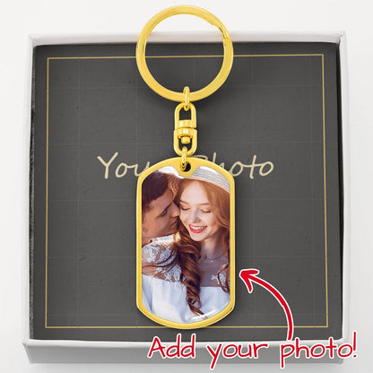 Gold finish photo keychain with a sample photo in a gift box | Custom Photo Keychain