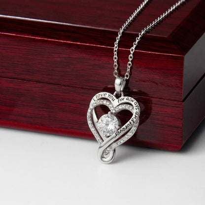 Ribbon heart pendant displayed in the mahogany Luxury Box | Love You Always Necklace