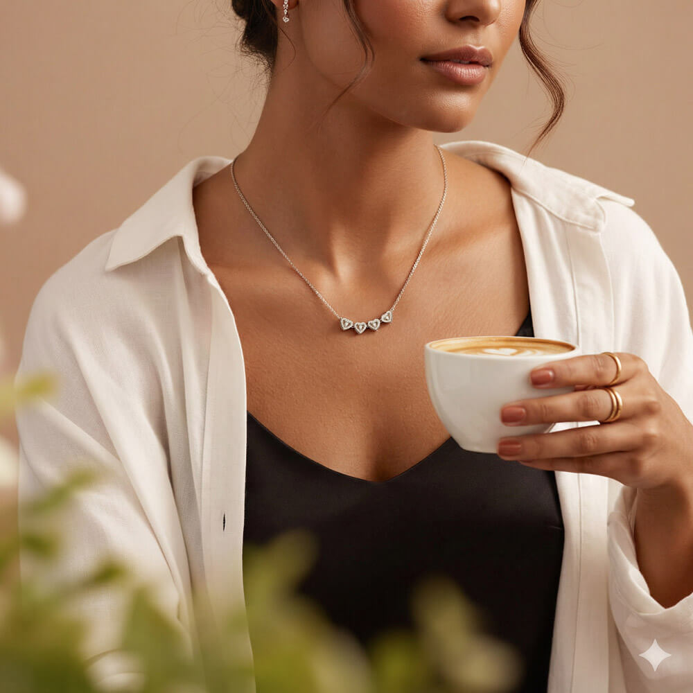 Woman in a white cardigan holding a cup, wearing the necklace | Magnetic Hearts Necklace
