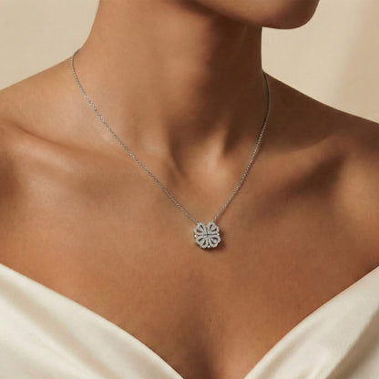 Clover pendant worn at the neckline | Magnetic Hearts Necklace