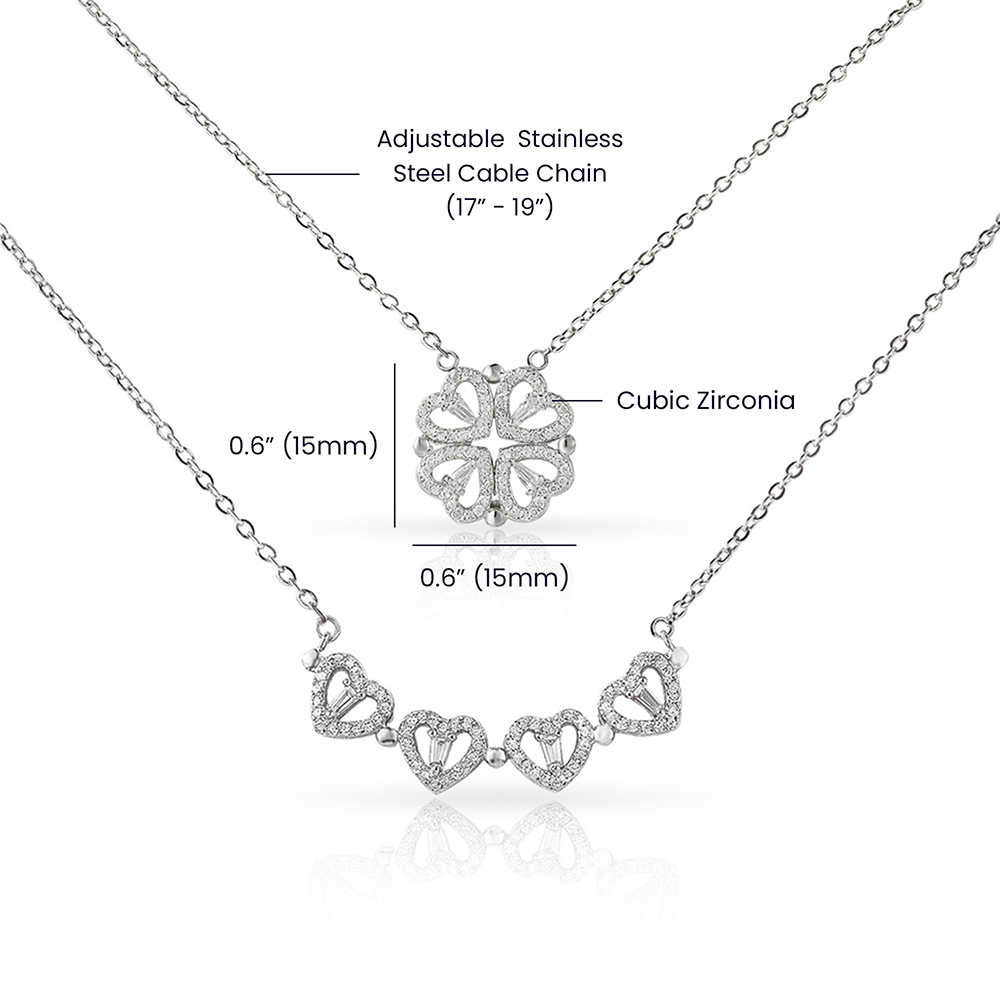 Size guide: clover pendant 0.6 by 0.6 inches on an adjustable 17 to 19 inch steel cable chain | Magnetic Hearts Necklace