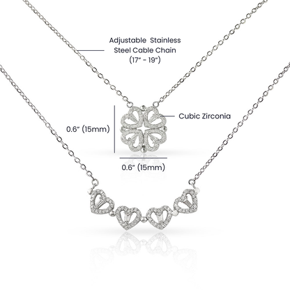 Size guide: clover pendant 0.6 by 0.6 inches on an adjustable 17 to 19 inch steel cable chain | Magnetic Hearts Necklace