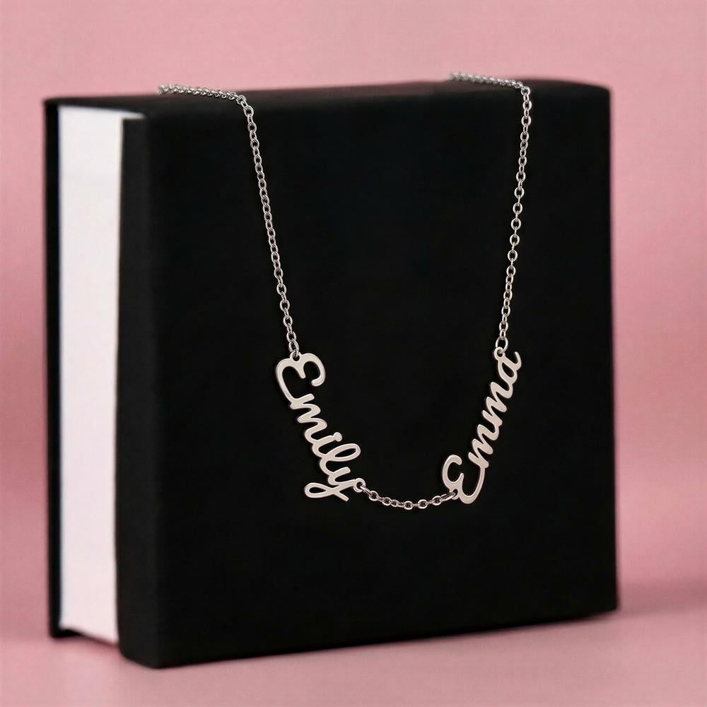 Steel two-name necklace draped over a black gift box | Multiple Name Necklace