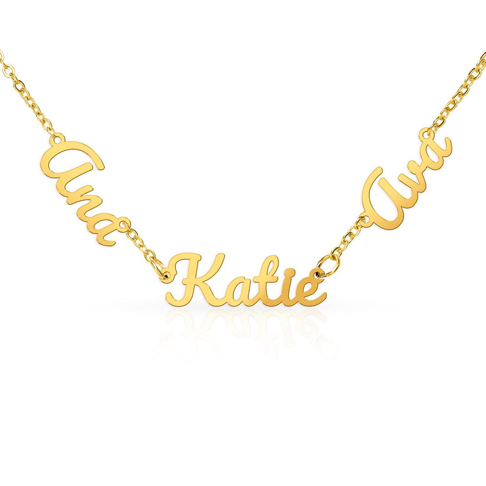 18k gold finish three-name necklace on a white background | Multiple Name Necklace