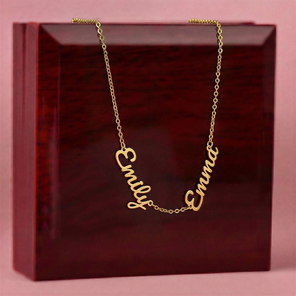 Gold finish two-name necklace draped over the mahogany Luxury Box | Multiple Name Necklace