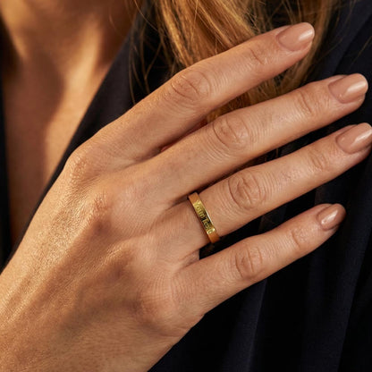 Gold finish engraved ring worn on her hand | Engraved Women's Ring