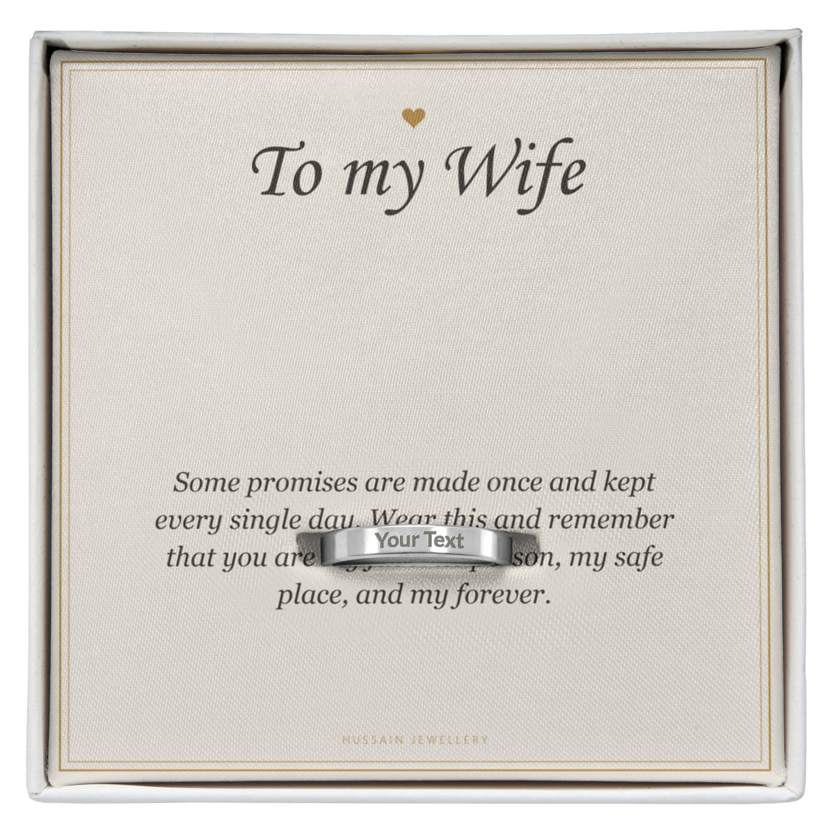 Polished steel band ring on the To My Wife message card | Engraved Ring for Wife with Message Card