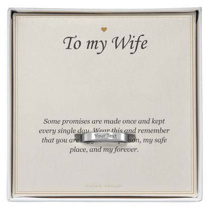 Polished steel band ring on the To My Wife message card | Engraved Ring for Wife with Message Card