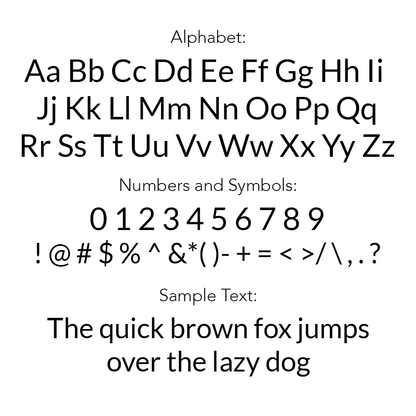 Engraving guide showing the letters, numbers and symbols available | Engraved Ring for Wife with Message Card