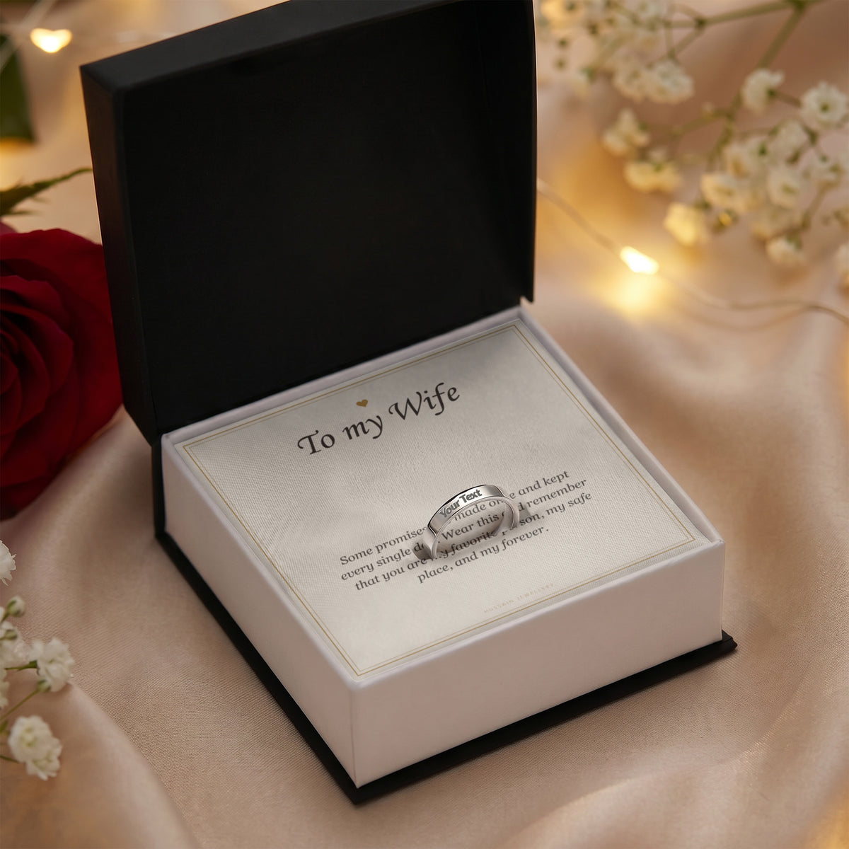 Steel ring and To My Wife card in an open gift box on satin | Engraved Ring for Wife with Message Card