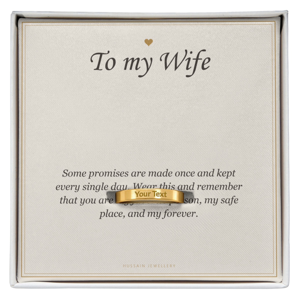 18k yellow gold finish band ring on the To My Wife message card | Engraved Ring for Wife with Message Card