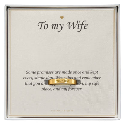 18k yellow gold finish band ring on the To My Wife message card | Engraved Ring for Wife with Message Card