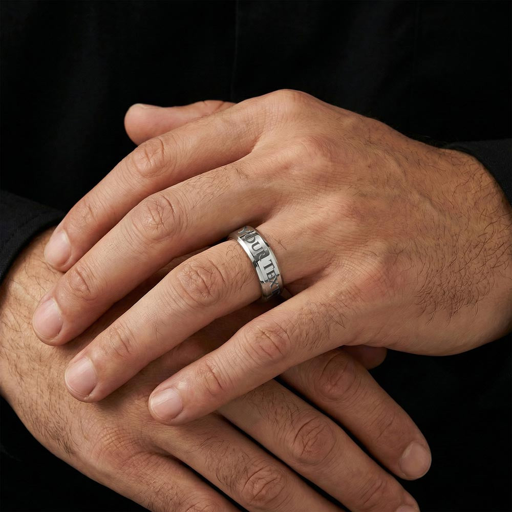 Man wearing the steel ring with hands clasped | Engraved Men's Ring