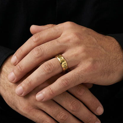 Man wearing the gold finish ring with hands clasped | Engraved Men's Ring