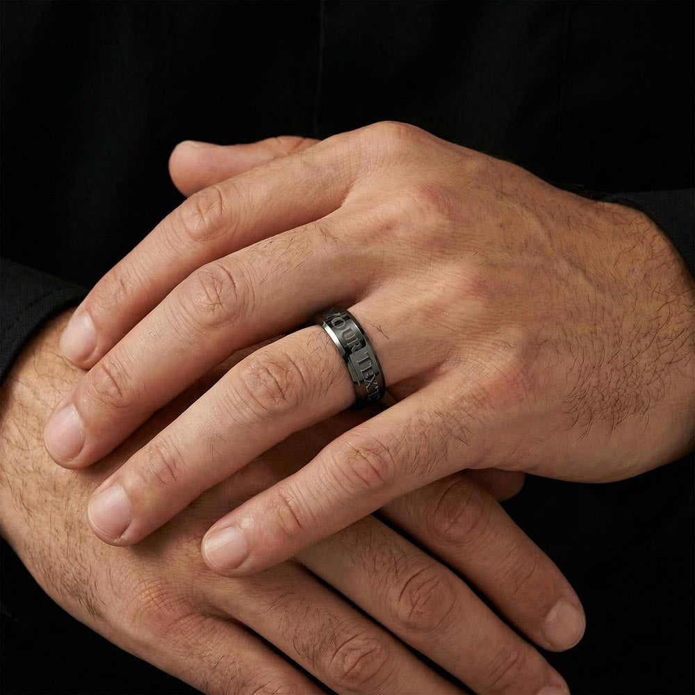 Man wearing the black plated ring with hands clasped | Engraved Men's Ring