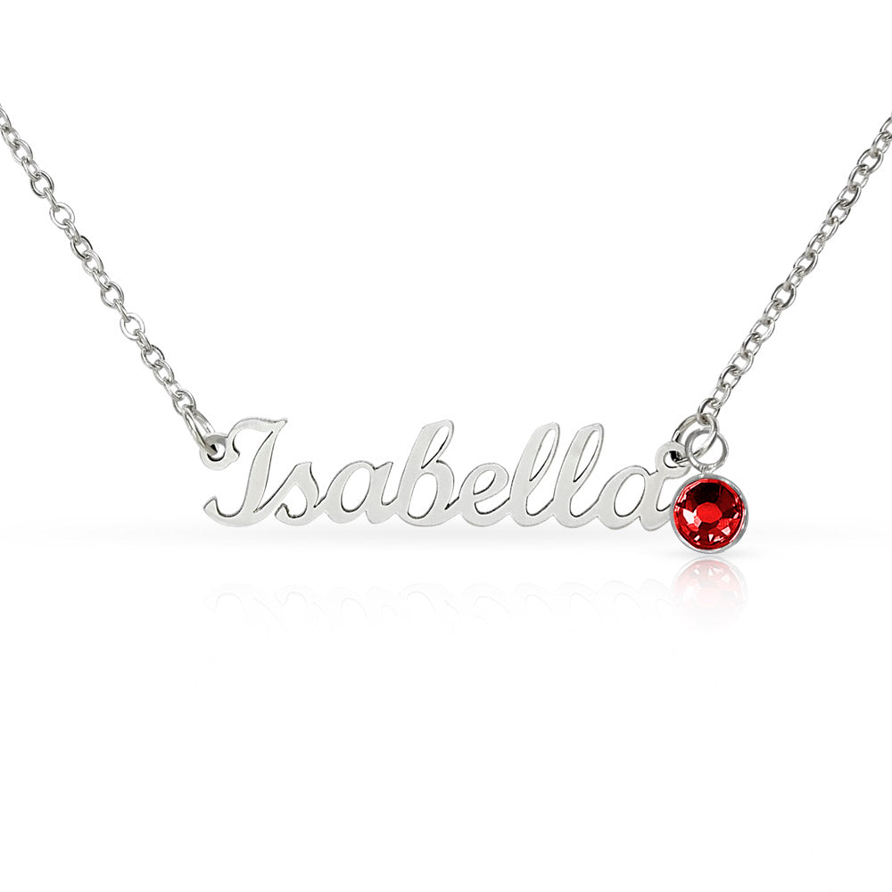 Polished steel script name necklace with a birthstone crystal, one of the 12 month colors | Name Necklace with Birthstone