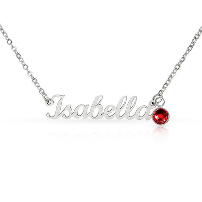 Polished steel script name necklace with a birthstone crystal, one of the 12 month colors | Name Necklace with Birthstone