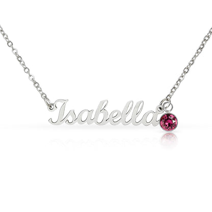 Polished steel script name necklace with a birthstone crystal, one of the 12 month colors | Name Necklace with Birthstone