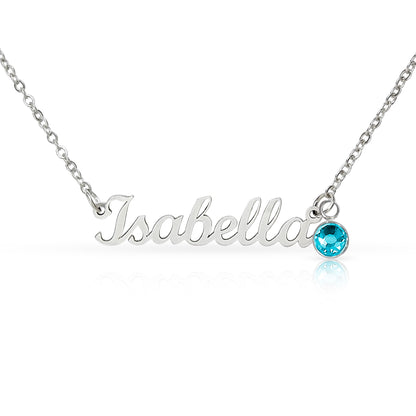 Polished steel script name necklace with a birthstone crystal, one of the 12 month colors | Name Necklace with Birthstone