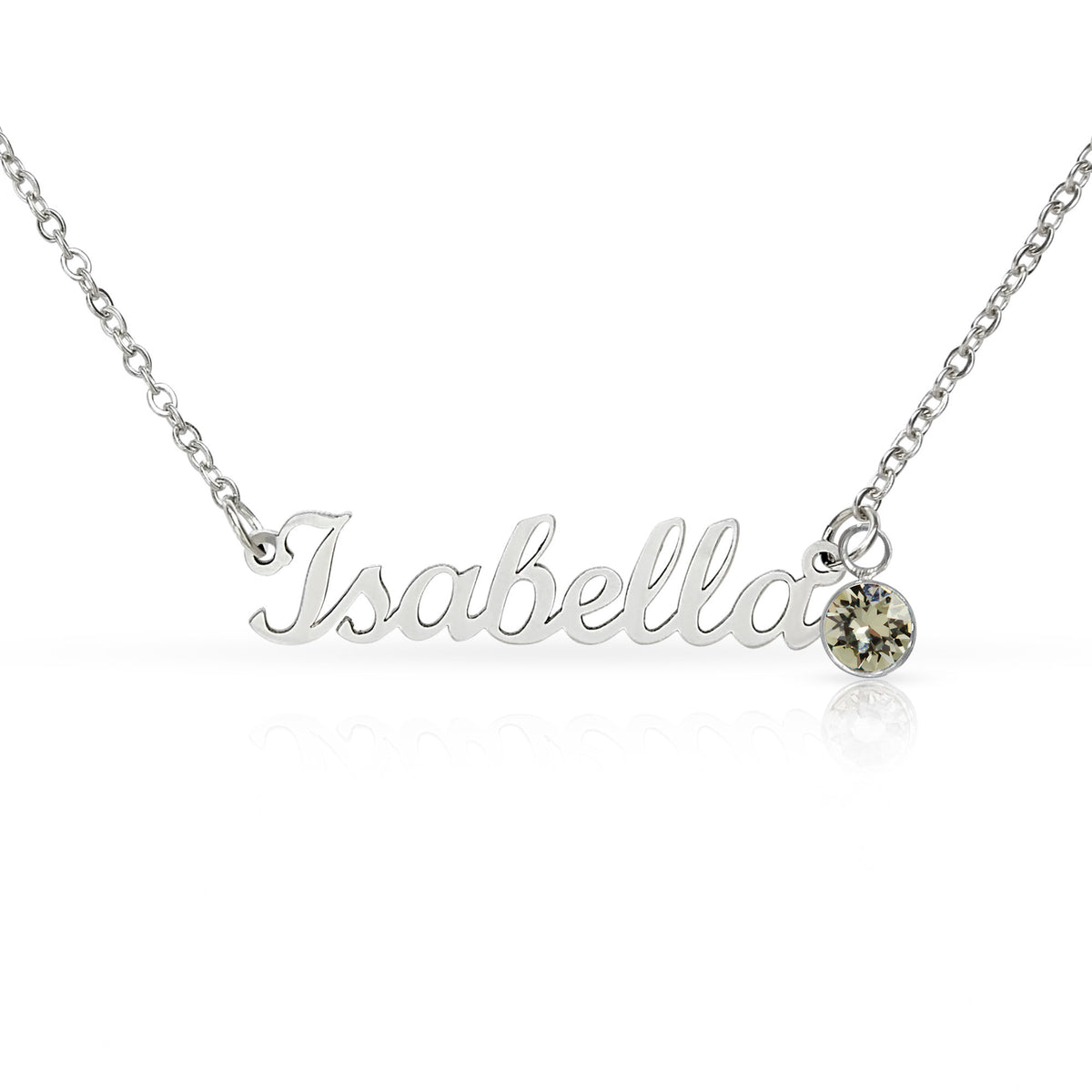 Polished steel script name necklace with a birthstone crystal, one of the 12 month colors | Name Necklace with Birthstone