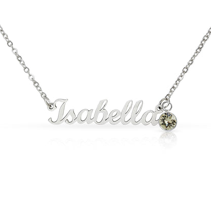 Polished steel script name necklace with a birthstone crystal, one of the 12 month colors | Name Necklace with Birthstone