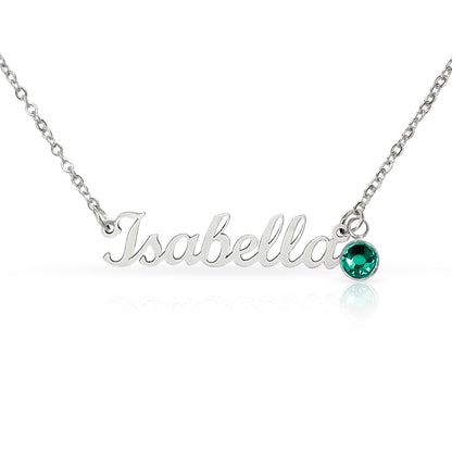 Polished steel script name necklace with a birthstone crystal, one of the 12 month colors | Name Necklace with Birthstone
