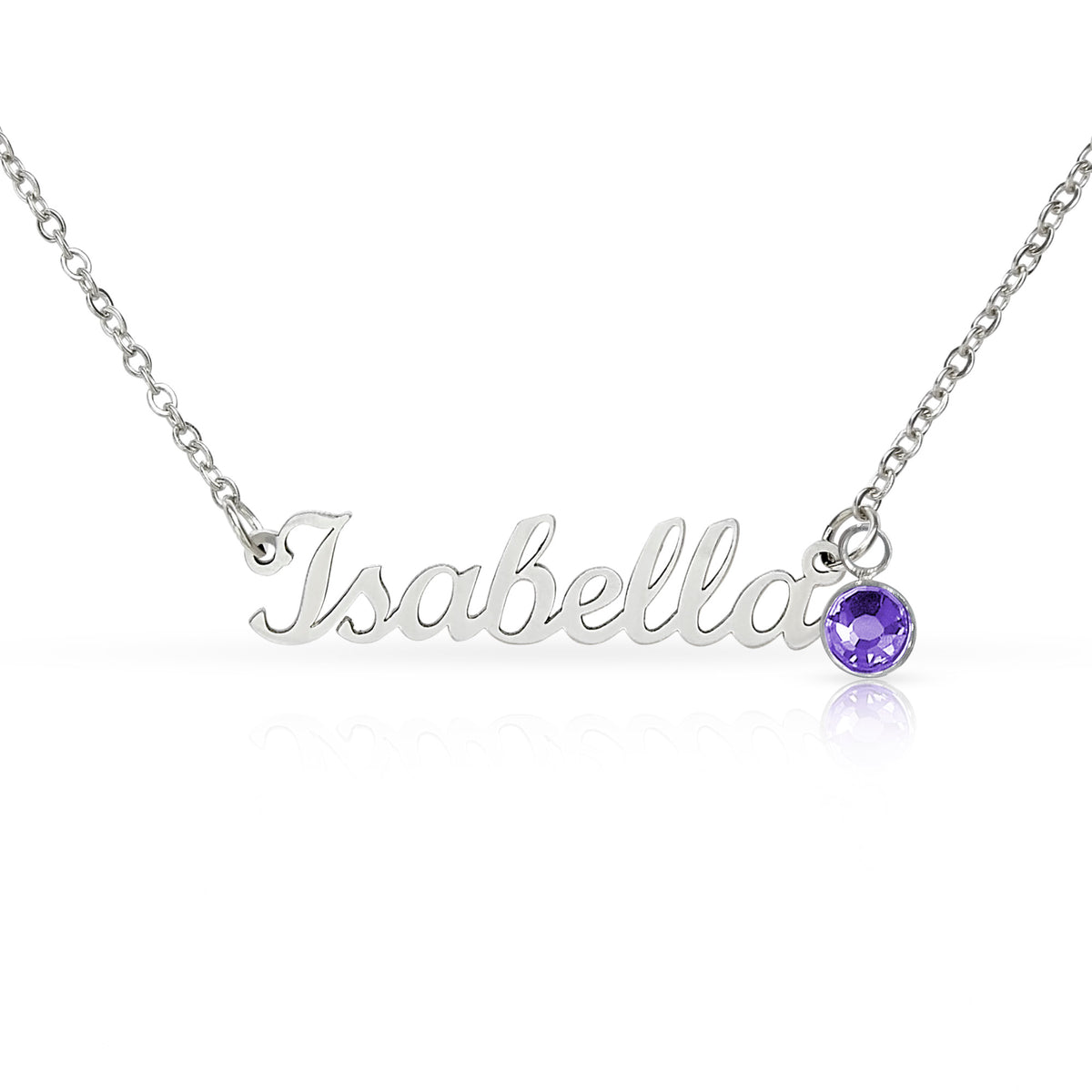 Polished steel script name necklace with a birthstone crystal, one of the 12 month colors | Name Necklace with Birthstone