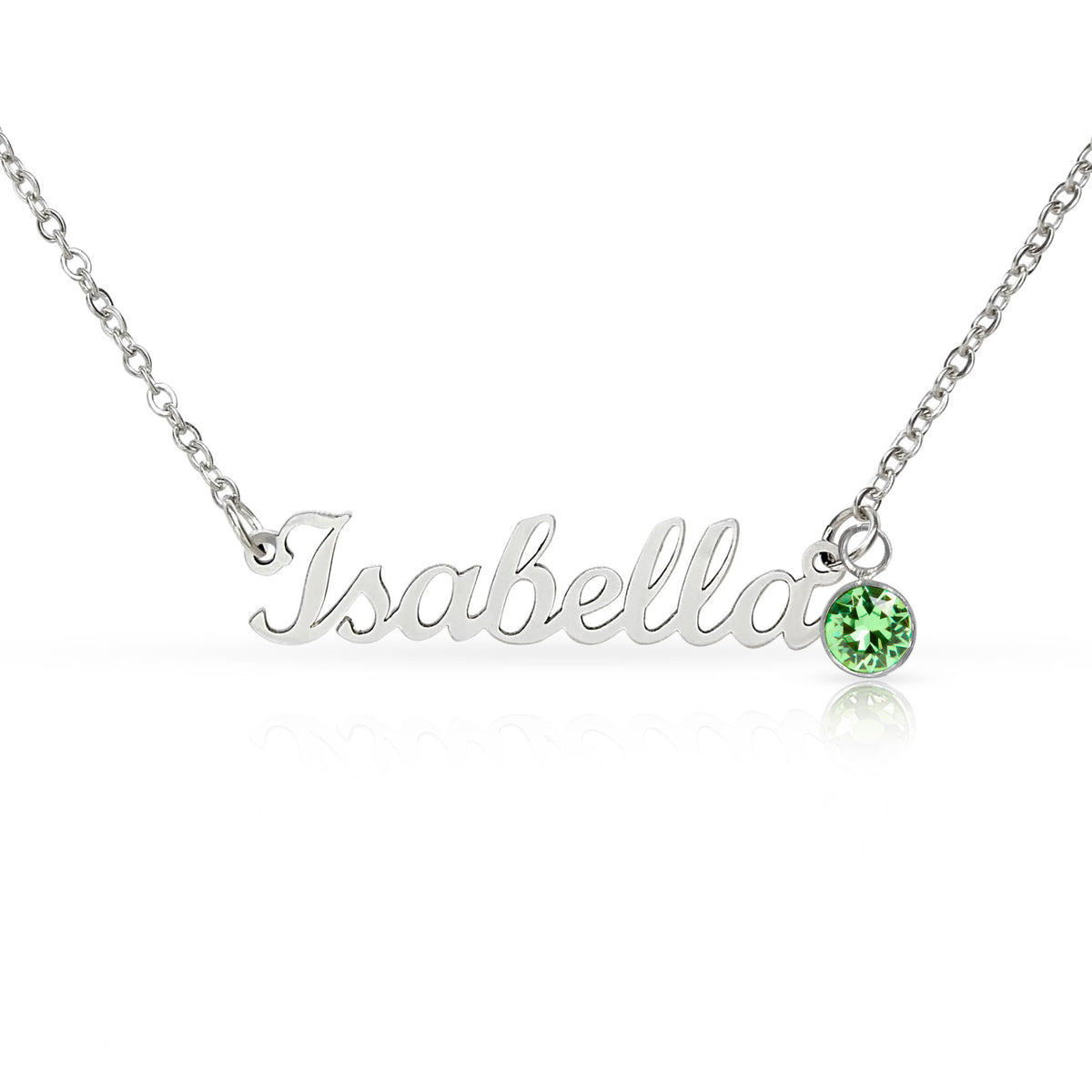 Polished steel script name necklace with a birthstone crystal, one of the 12 month colors | Name Necklace with Birthstone