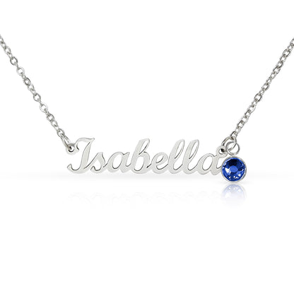 Polished steel script name necklace with a birthstone crystal, one of the 12 month colors | Name Necklace with Birthstone